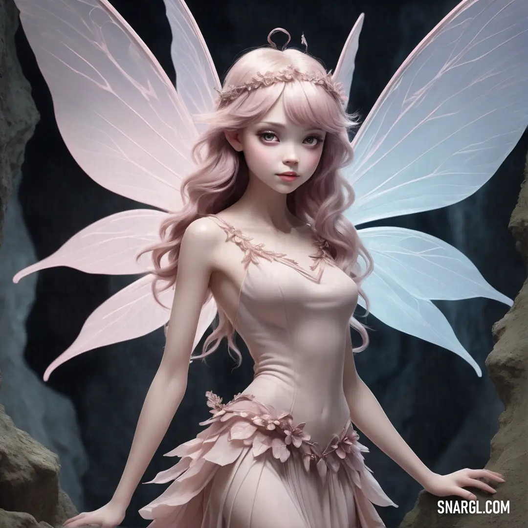 Fairy with pink hair and a pink dress standing in a cave