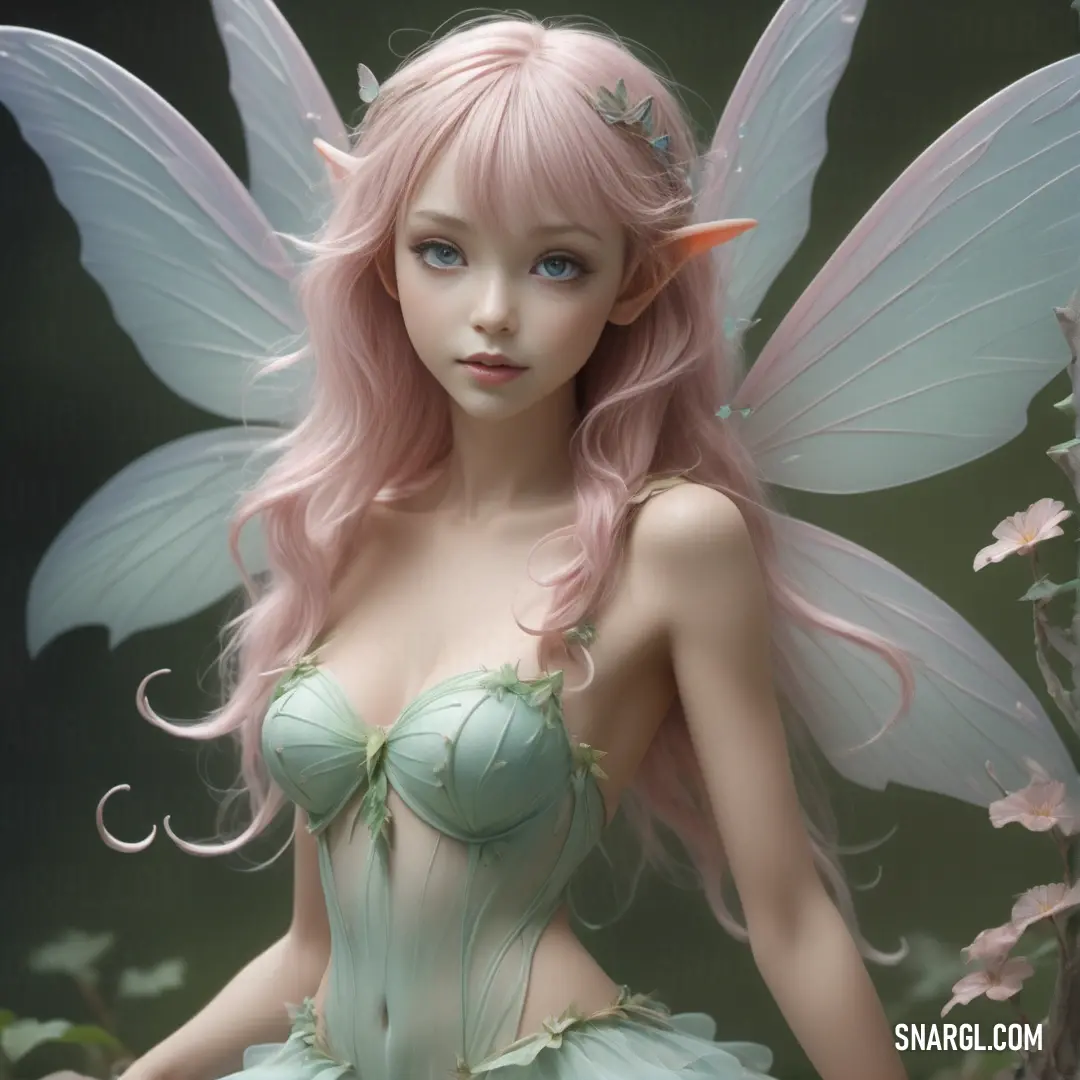 Fairy with pink hair and a green dress is on a tree branch