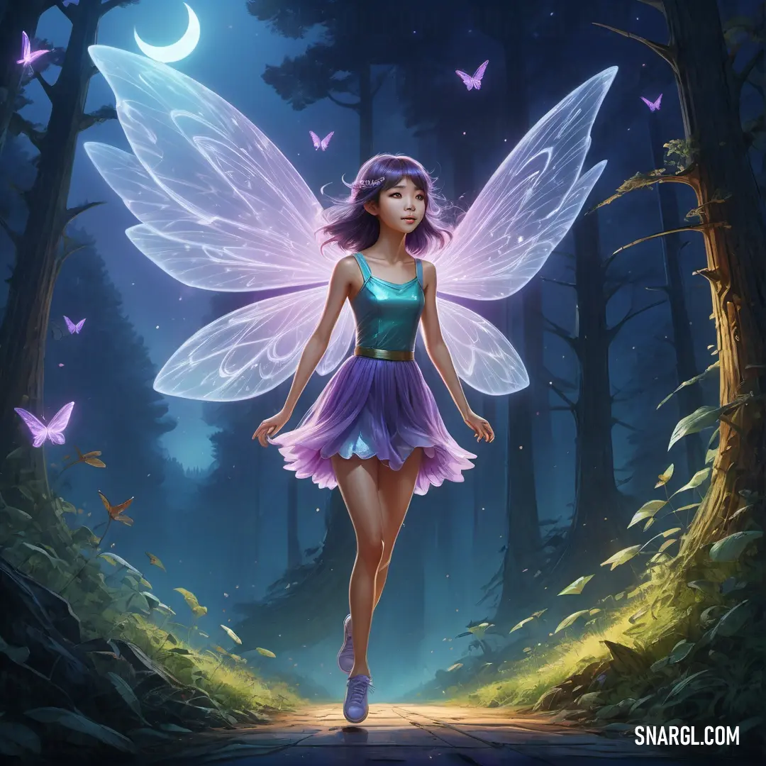 Fairy with purple hair and wings walking through a forest with butterflies on her wings and a crescent moon in the background