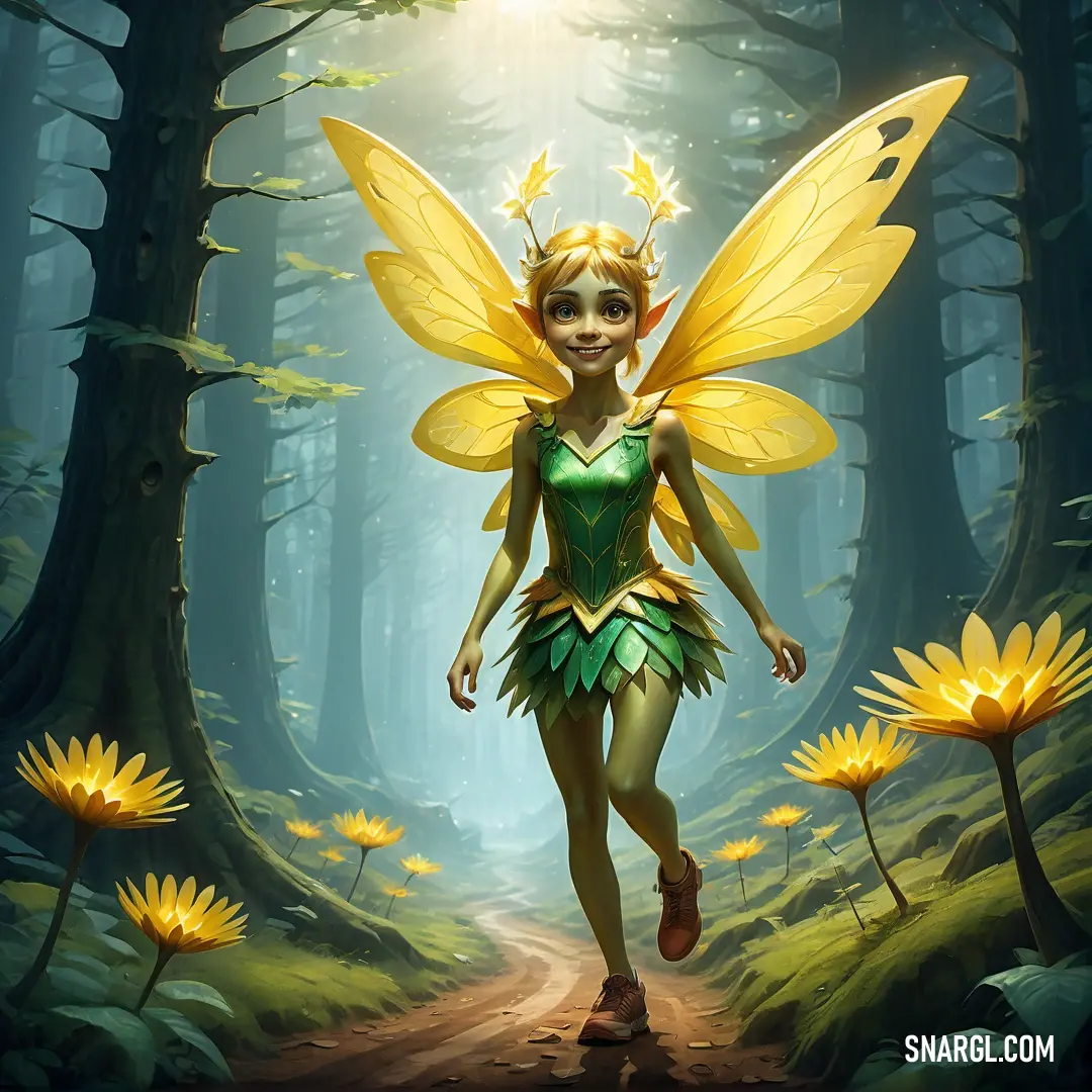 Fairy with wings walking through a forest with yellow flowers on the ground and a trail leading to the woods