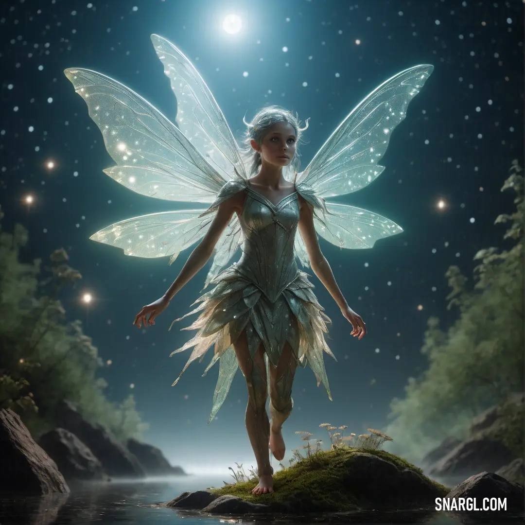 Fairy with wings and a body of water in the background