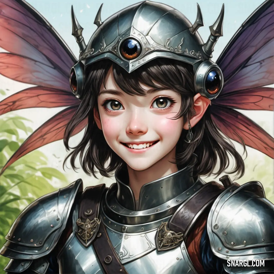 Girl in a knight costume with a helmet on her head and a Fairy on her shoulder