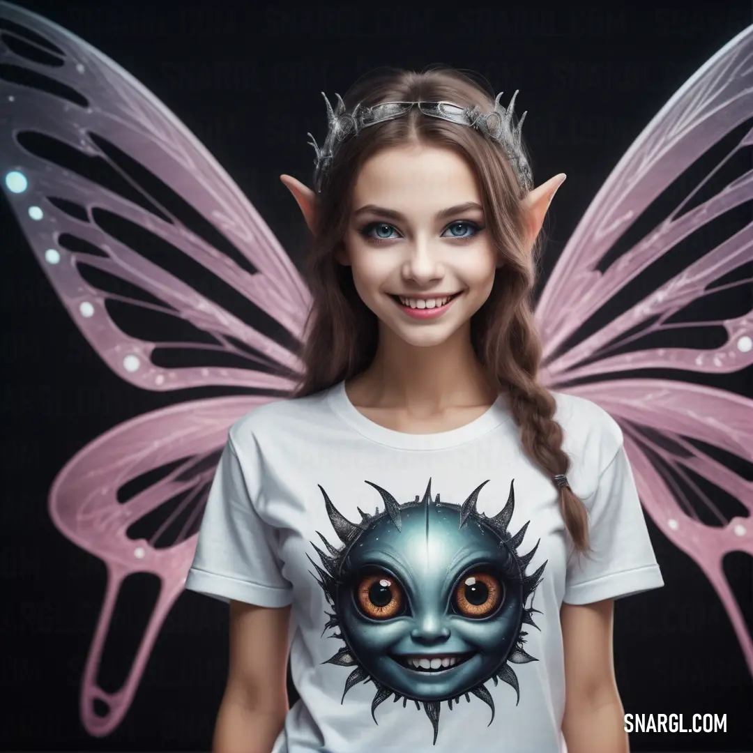 Girl wearing a t - shirt with a picture of a smiling fairy on it's chest and wings