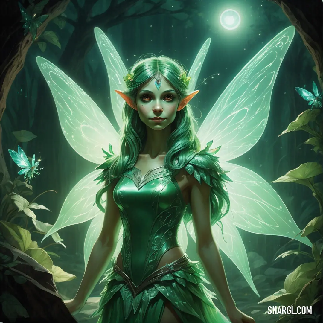 Green fairy with a green dress and wings standing in a forest with a glowing light in her eyes
