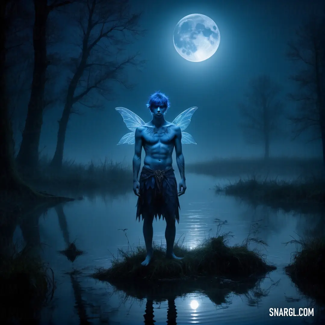 Fairy with a blue hair and a blue mask standing in a swamp at night with a full moon in the background