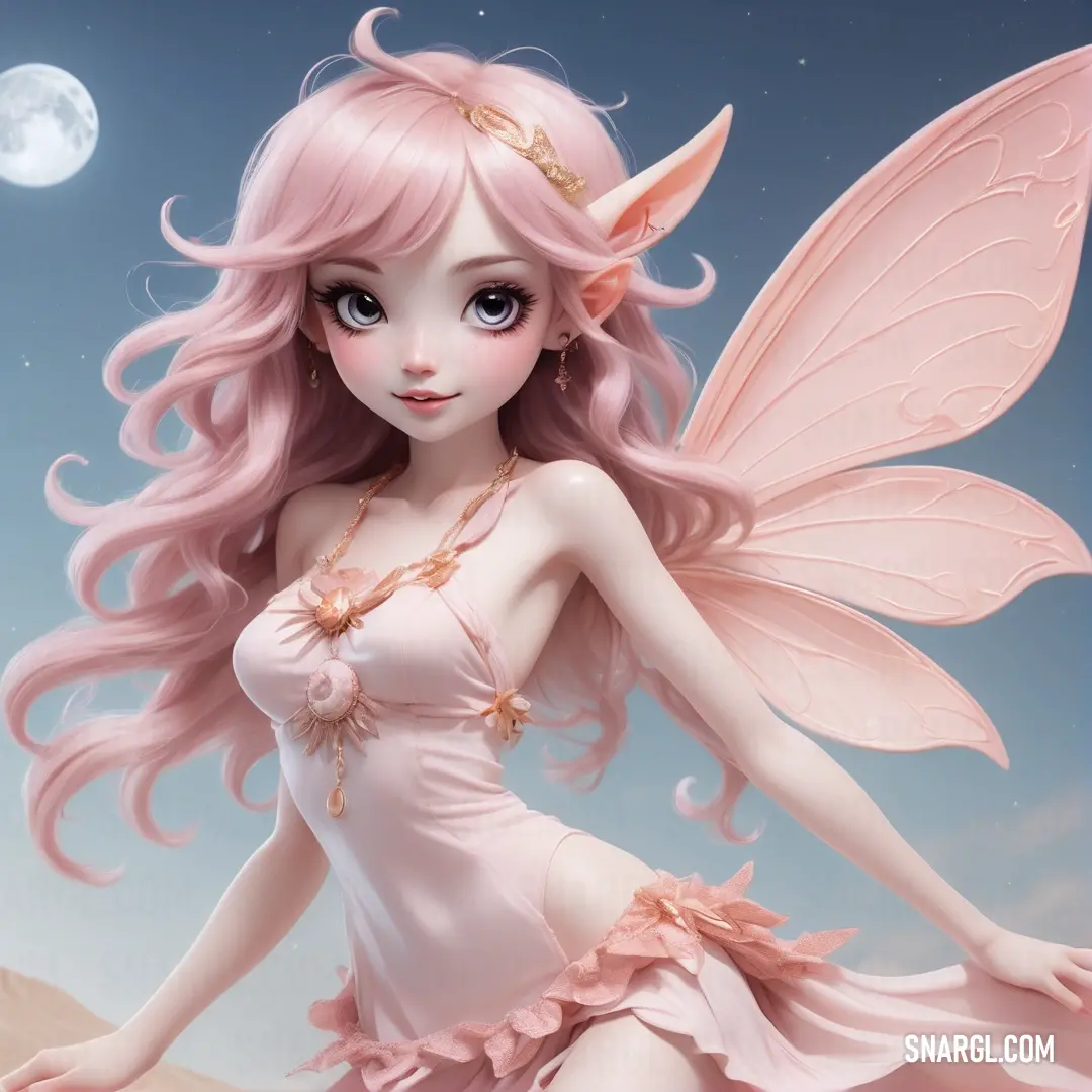 Pretty pink fairy with a pink dress and a pink butterfly wings on her head and body