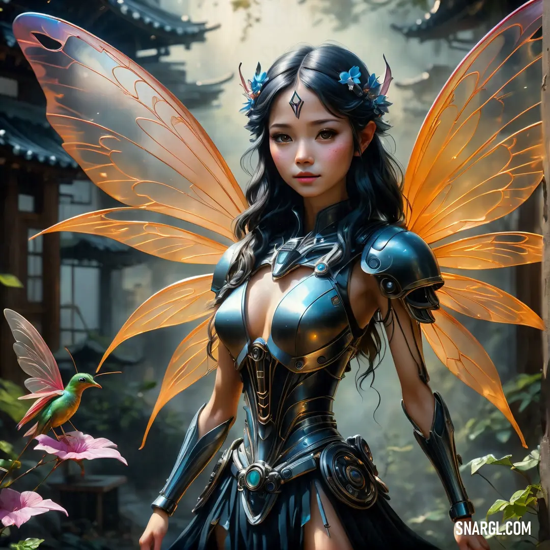 Fairy dressed in a costume with a bird on her shoulder and wings on her chest