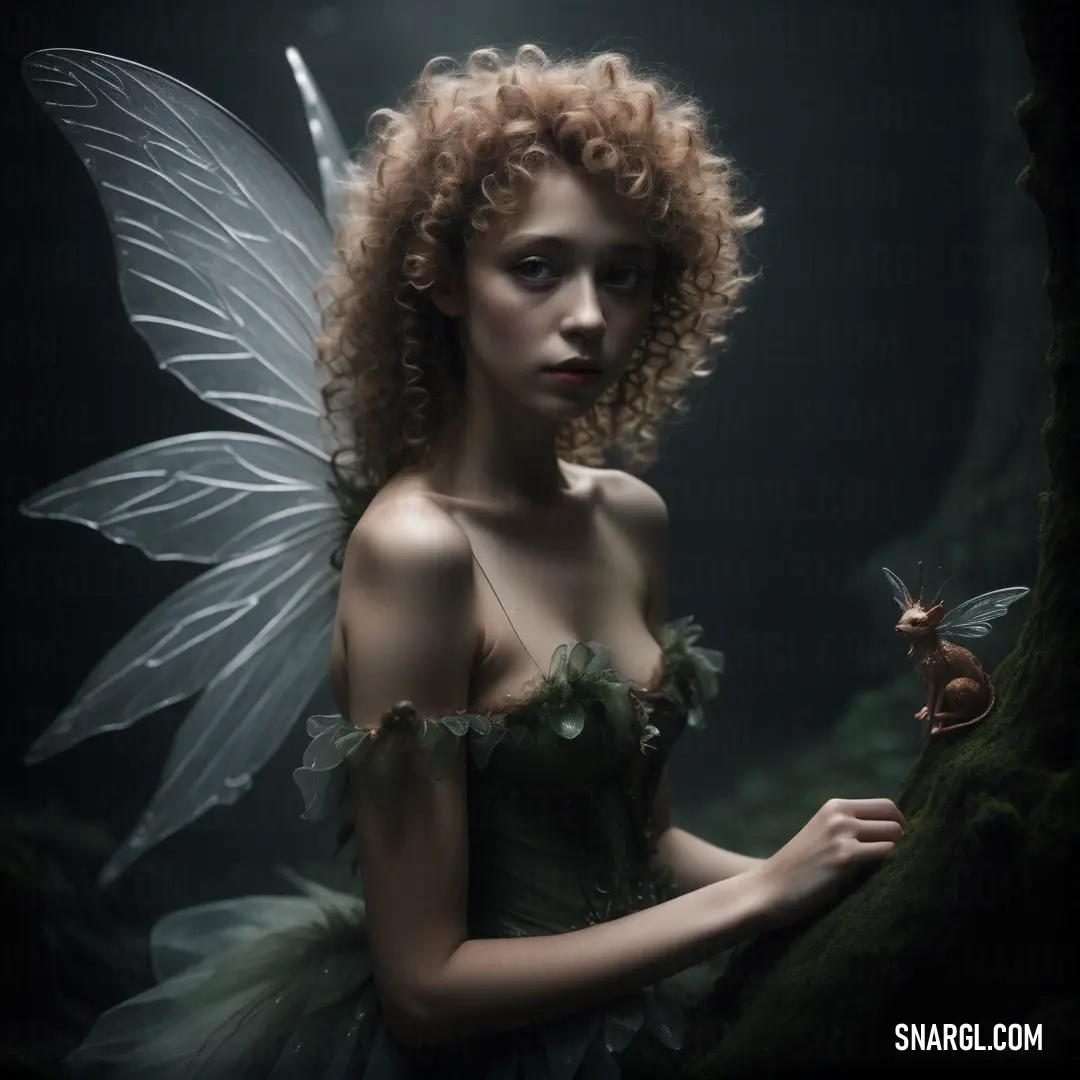 Fairy dressed in a fairy costume holding a small Fairy figurine in her hand and a dark background