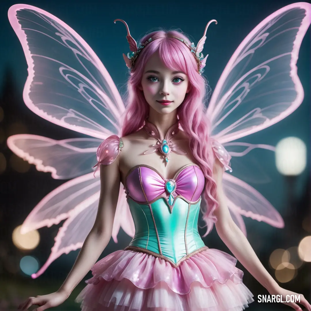 Fairy dressed in a fairy costume with pink hair and wings, standing in front of a dark background
