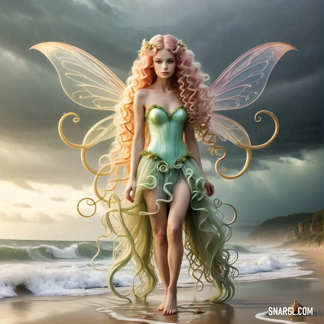 Fairy in a green dress standing on a beach next to the ocean with a butterfly wings on her body