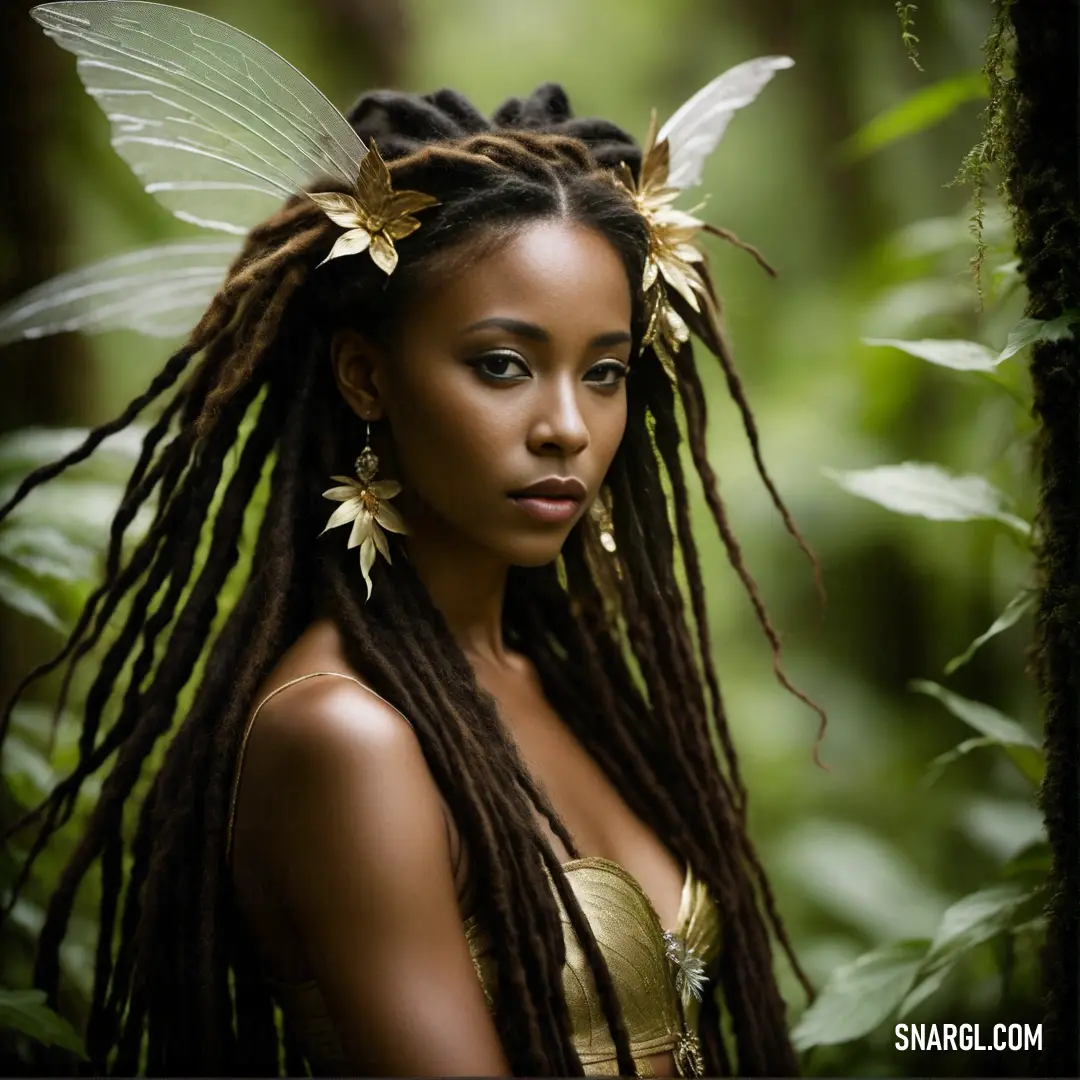 Woman with dreadlocks and a gold dress in the woods with leaves on her head