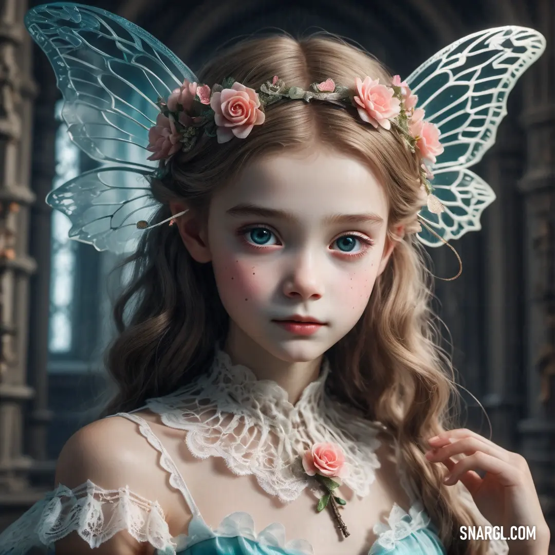 Young girl with a butterfly wings and a flower crown on her head