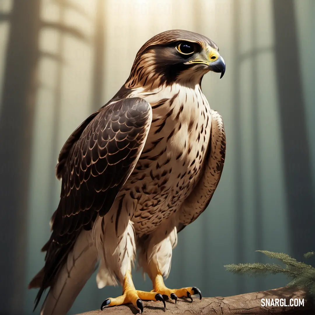 Falcon of prey on a branch in a forest with sunlight streaming through the trees behind it and a blurry background