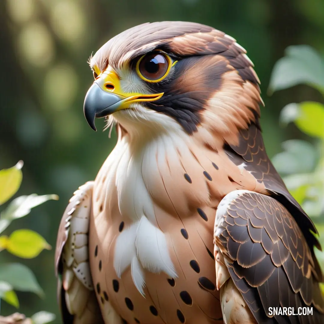 Falcon of prey on a branch with leaves in the background