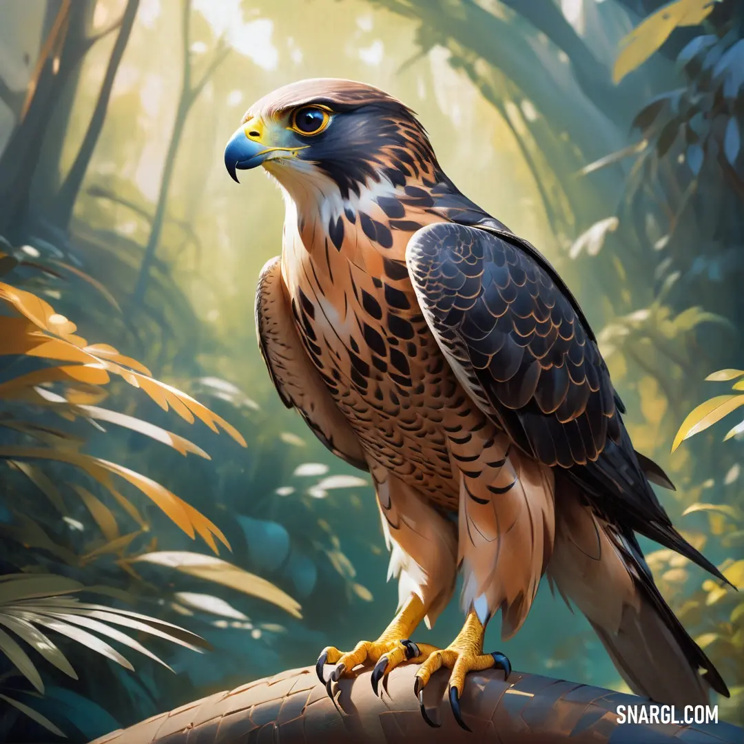 Falcon of prey on a branch in a forest of trees and plants, with a yellow beak
