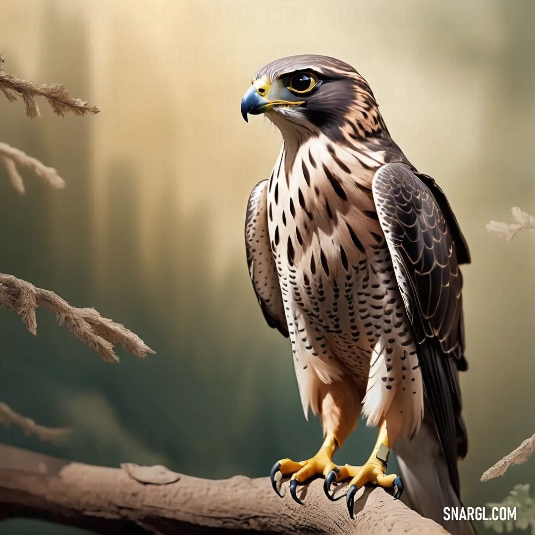 Falcon of prey on a branch in a forest setting with fog and trees in the background