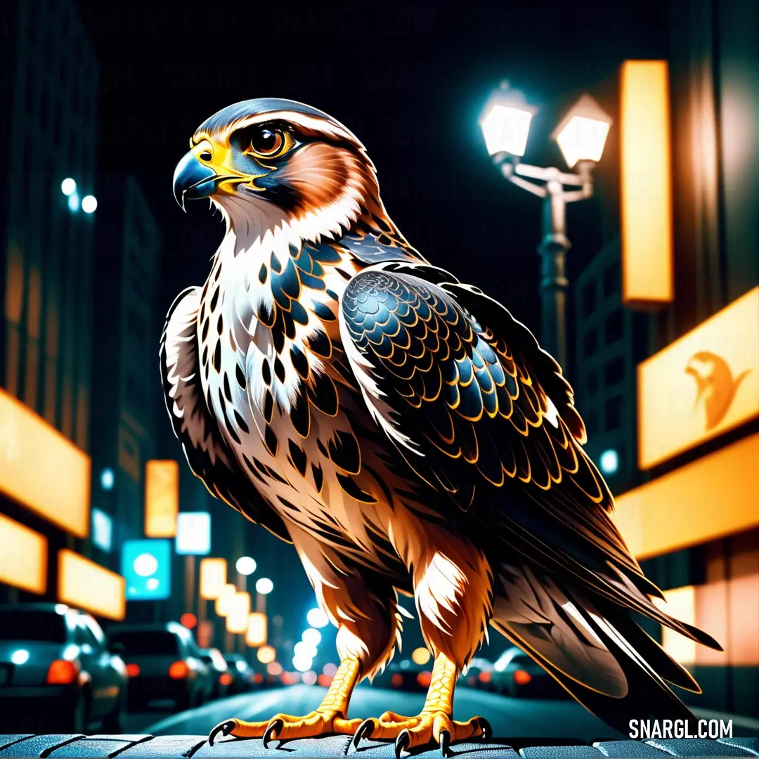 Falcon of prey on a ledge in the city at night time with street lights in the background