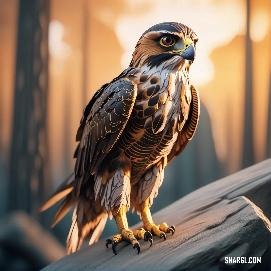 Falcon of prey on a rock in the woods at sunset or dawn with a blurred background