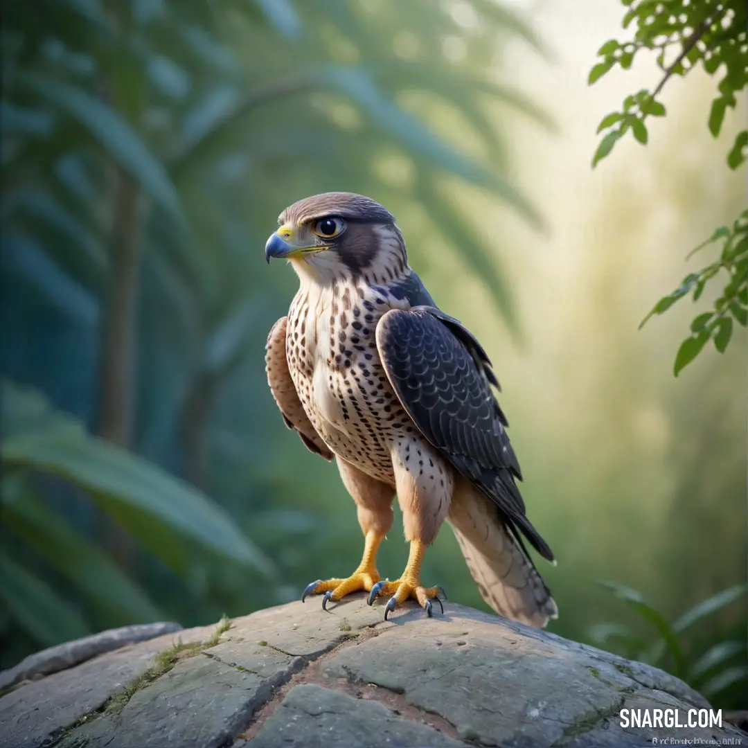 Falcon of prey on a rock in the jungle with a blurry background