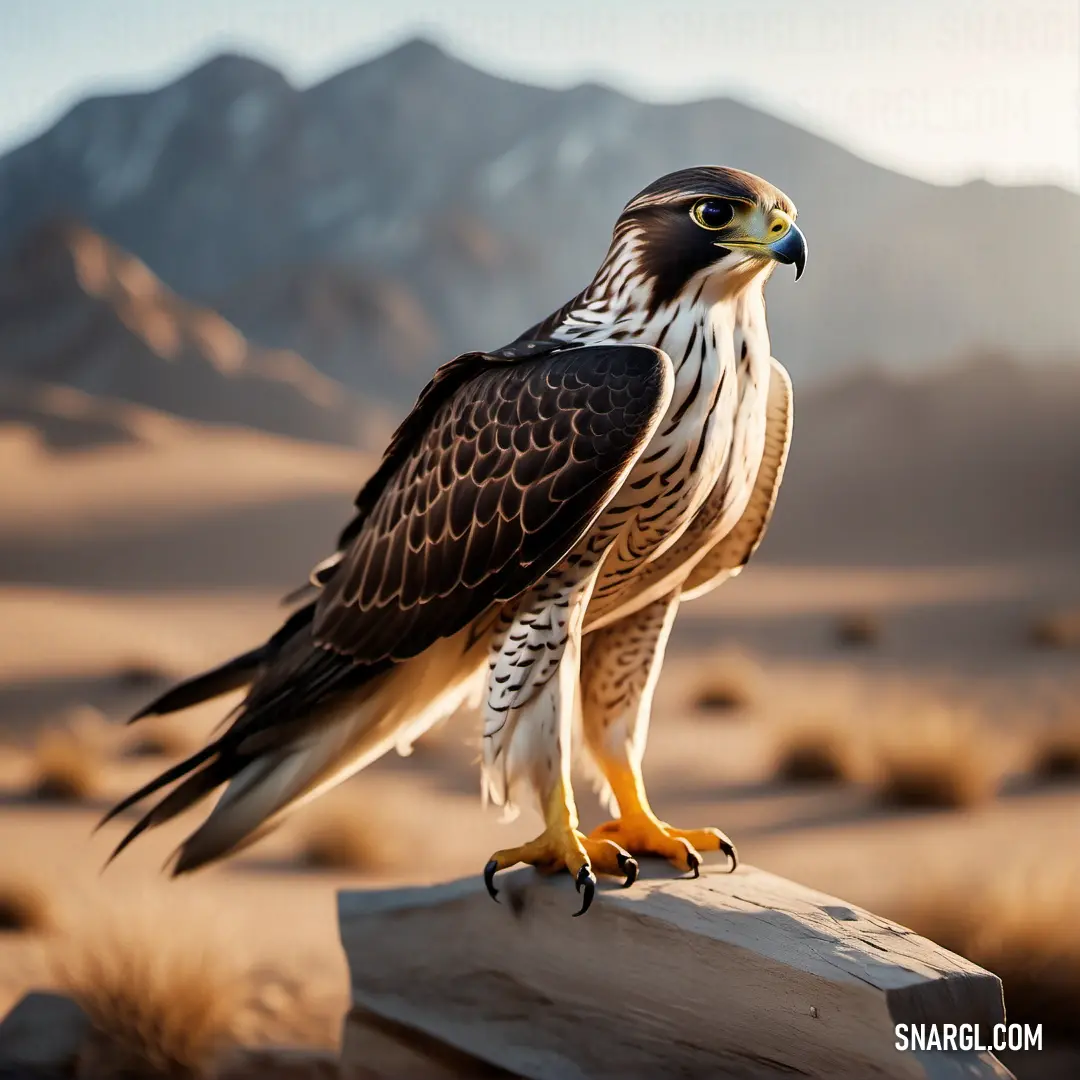 Falcon of prey on a rock in the desert with mountains in the background