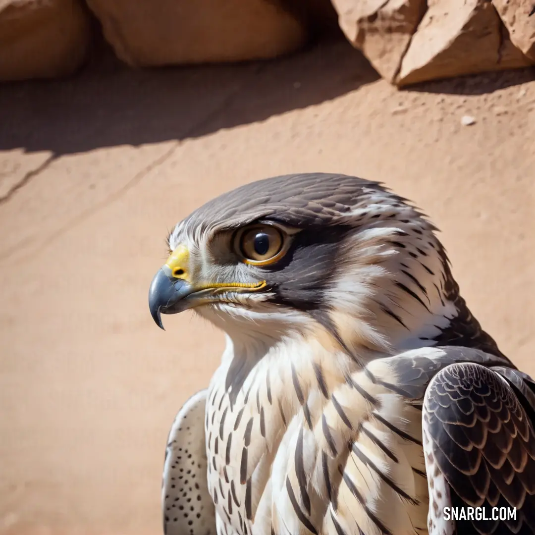 Falcon of prey on a rock in front of a wall of rocks and a rock wall behind it