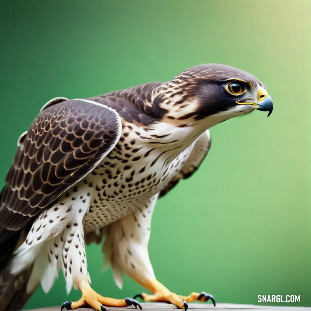Falcon of prey on a table with its wings spread out and its head turned to the side