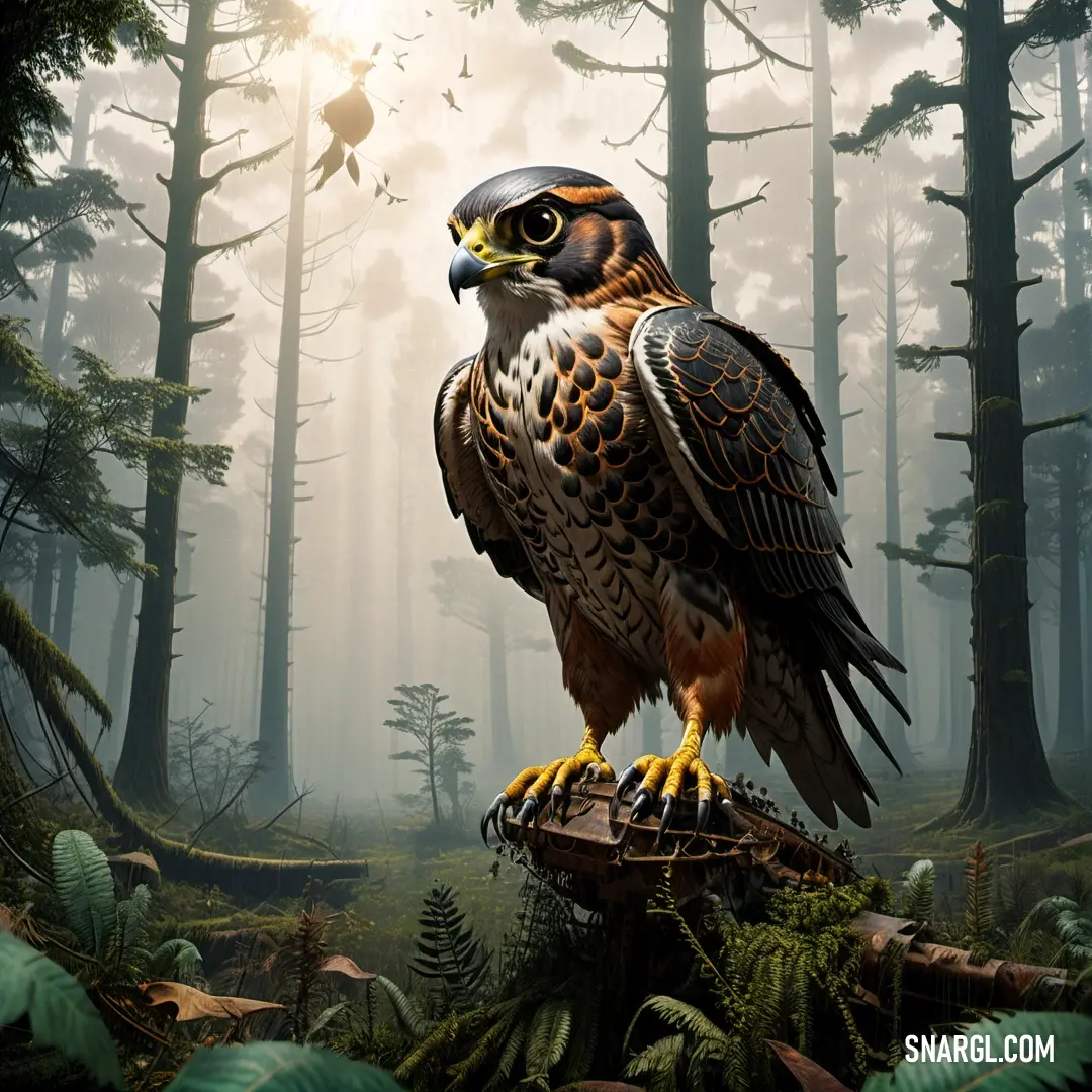 Falcon of prey on a tree stump in a forest with a sun shining through the trees behind it