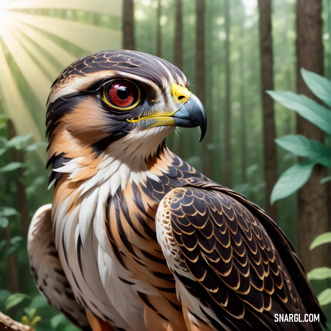 Falcon with a yellow beak and red eyes on a branch in a forest with trees and plants