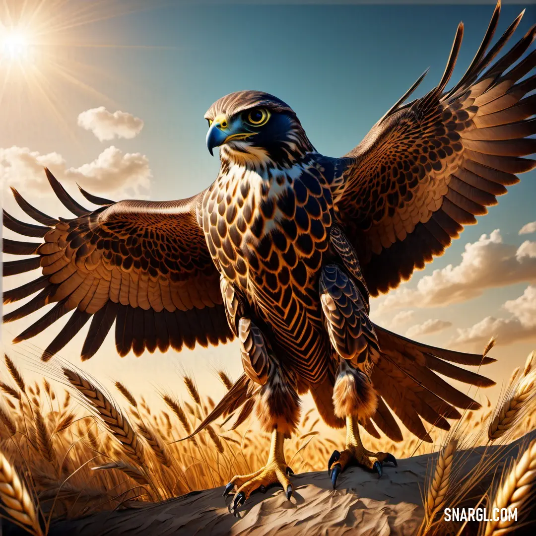 Falcon with wings spread out on a field of wheat with the sun shining in the background