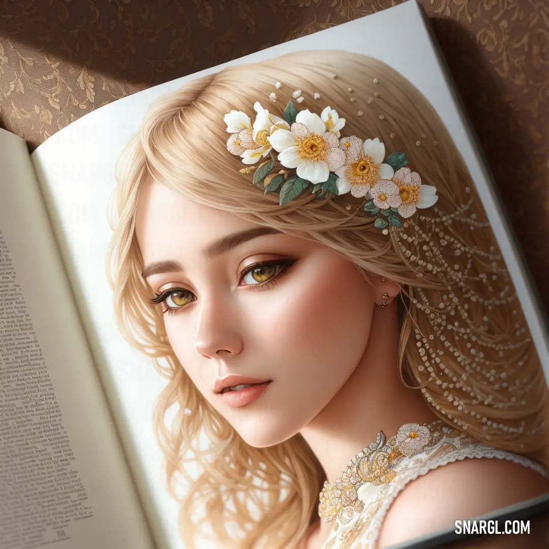 Book with a picture of a woman with flowers in her hair and a book with a picture of a woman