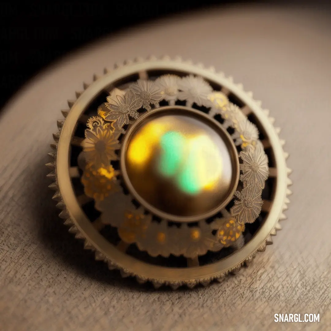 Close up of a metal object on a table top with a green light in the center of the object. Color CMYK 0,20,45,24.