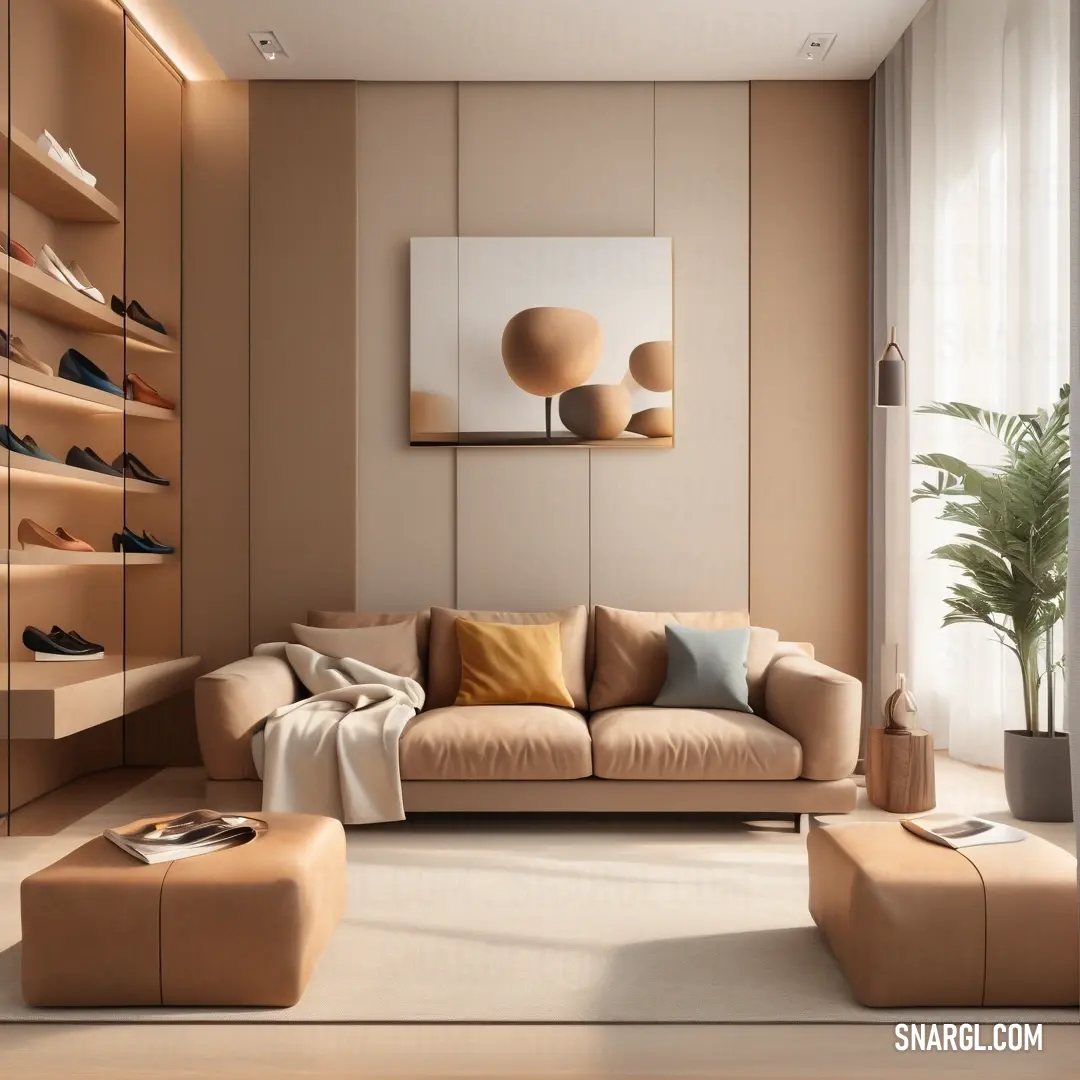 Living room with a couch. Color #C19A6B.