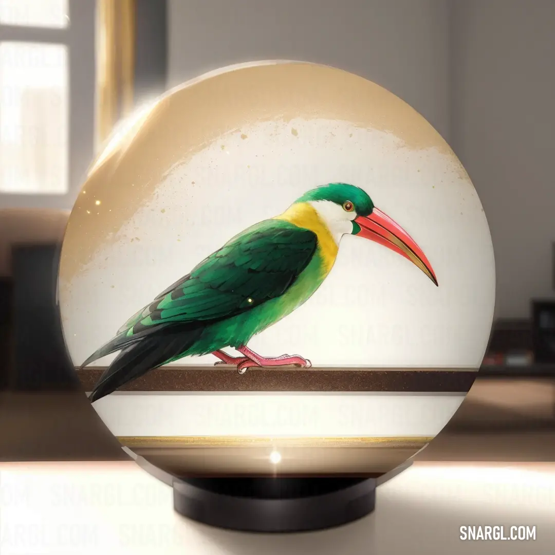 Glass ball with a bird painted on it's side and a window in the background with a light shining in