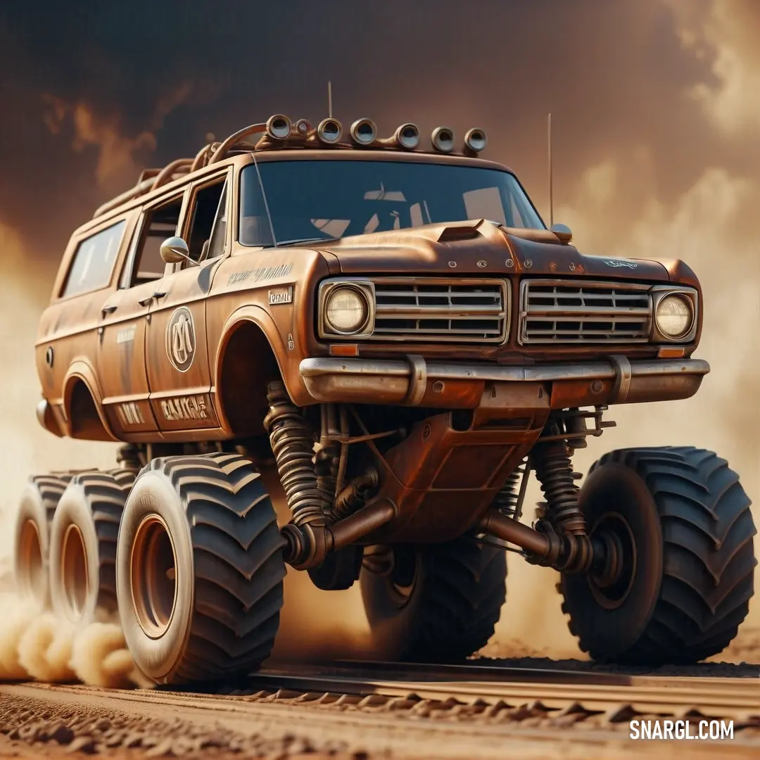 Monster truck with huge tires driving through the desert with dust blowing around it's tires and wheels. Color RGB 193,154,107.