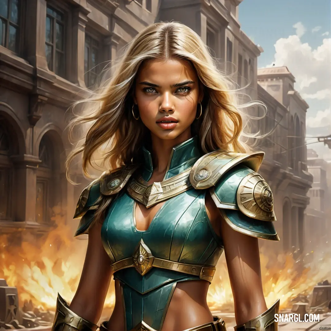 Woman in a blue outfit standing in front of a fire filled city street with a sword in her hand