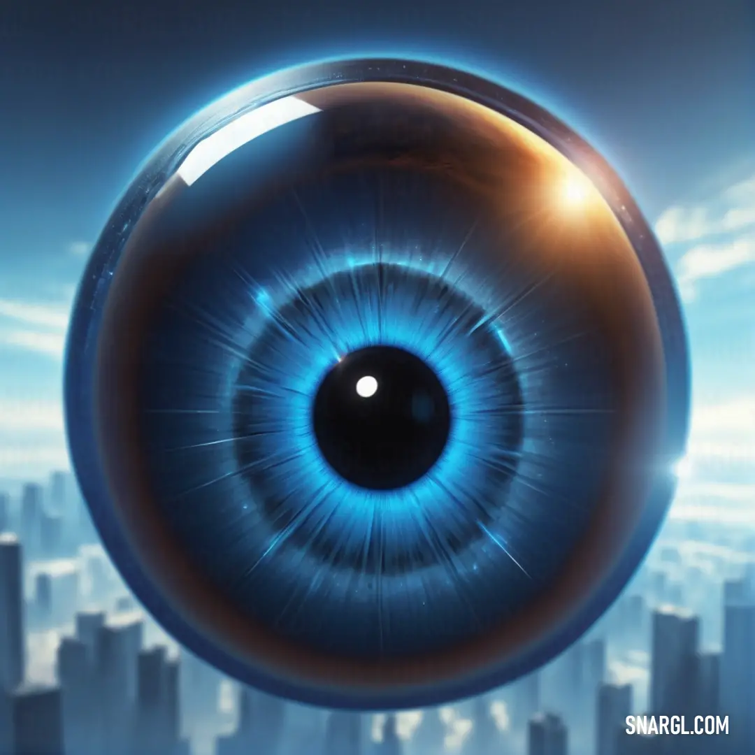 Close up of a blue eyeball in a city background