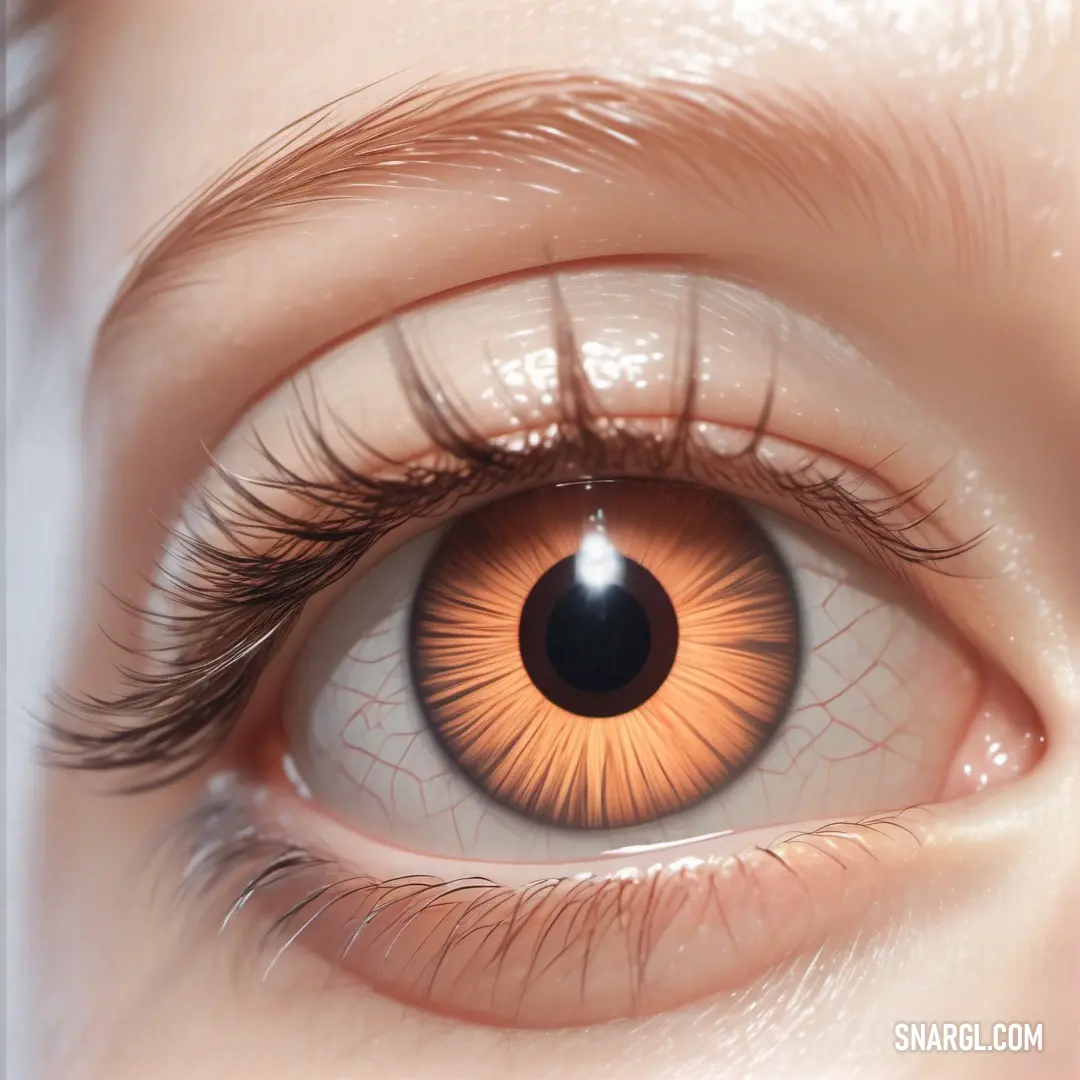 Close up of a person's eye with a brown iris and long eyelashes