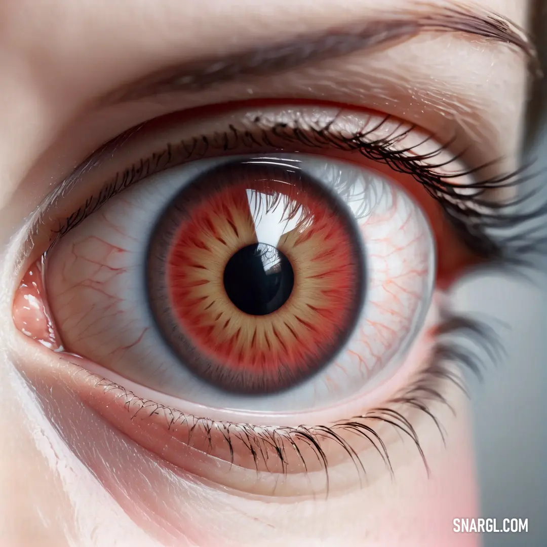 Close up of a person's eye with a red iris and black iris iris in the center