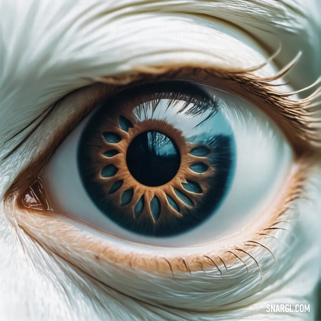 Close up of a white owl's eye with a brown iris and white feathers on it's body