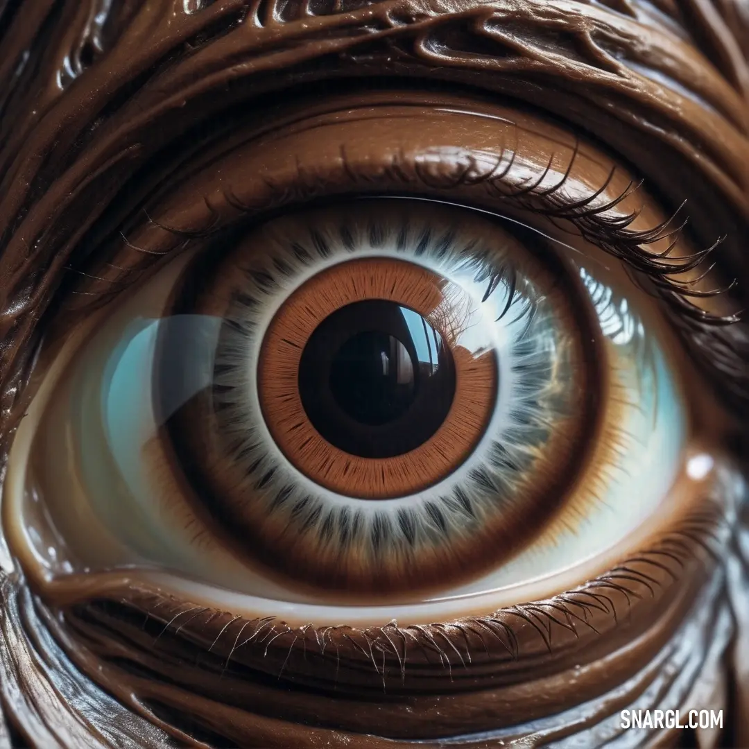 Close up of an eye with a brown iris and brown feathers on it's side and a black circle around the eye