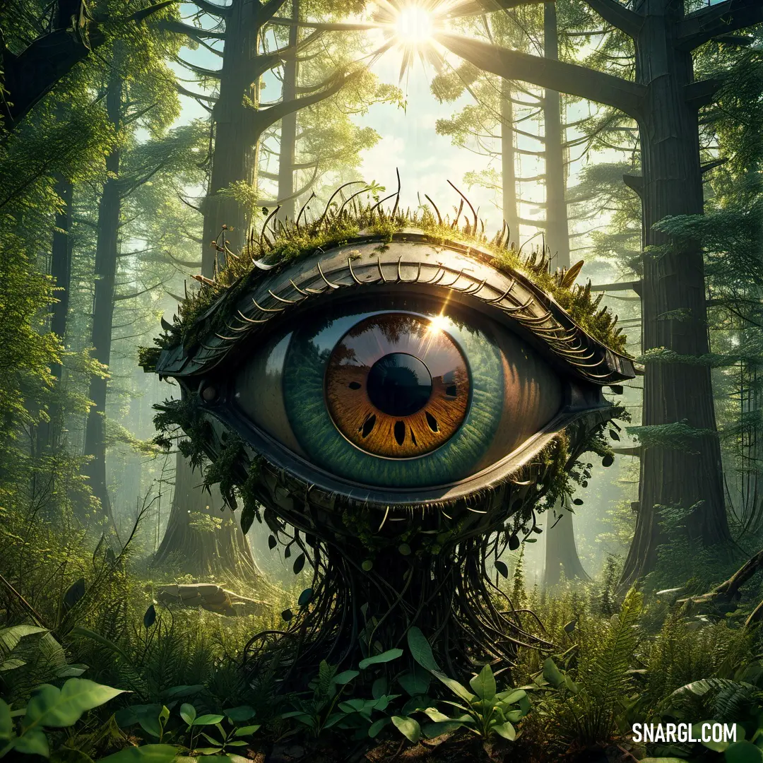 Large eye in the middle of a forest with a sun shining through it's eyes and a tree trunk