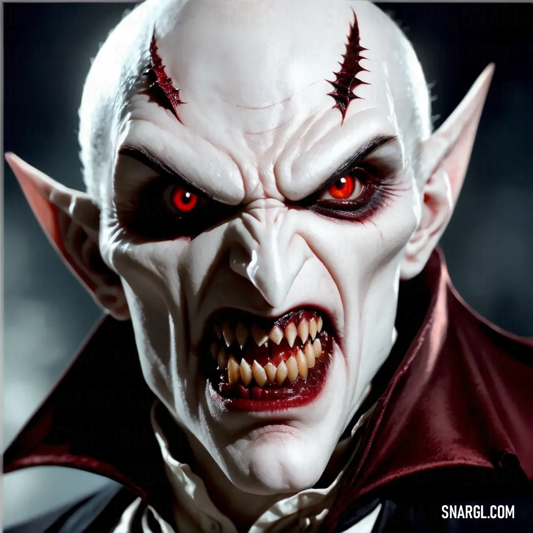 Creepy looking male False vampire with red eyes and fangs on his face and nose