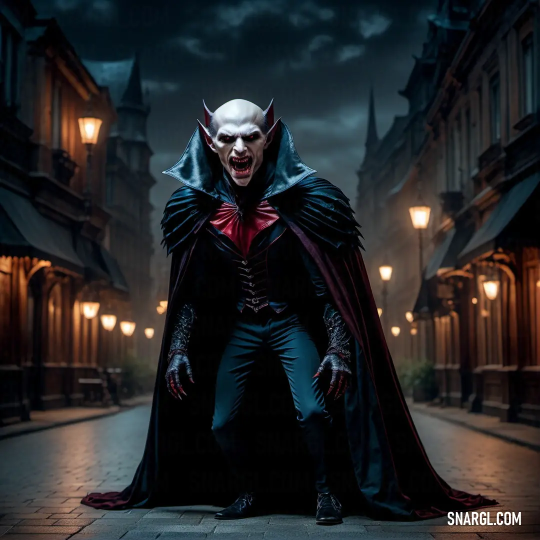 False vampire dressed as dracula in a dark alley way at night with a full moon in the background