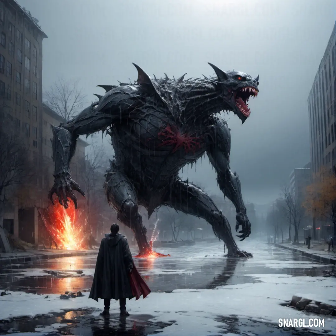 Man standing in front of a giant False vampire in a city street with a fireball in his hand