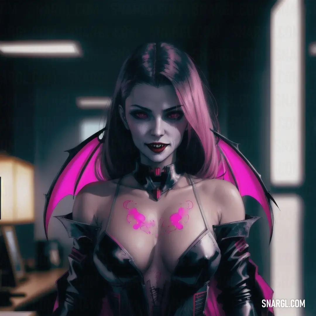 False vampire with pink hair and a bat costume on in a room with a computer desk and a lamp