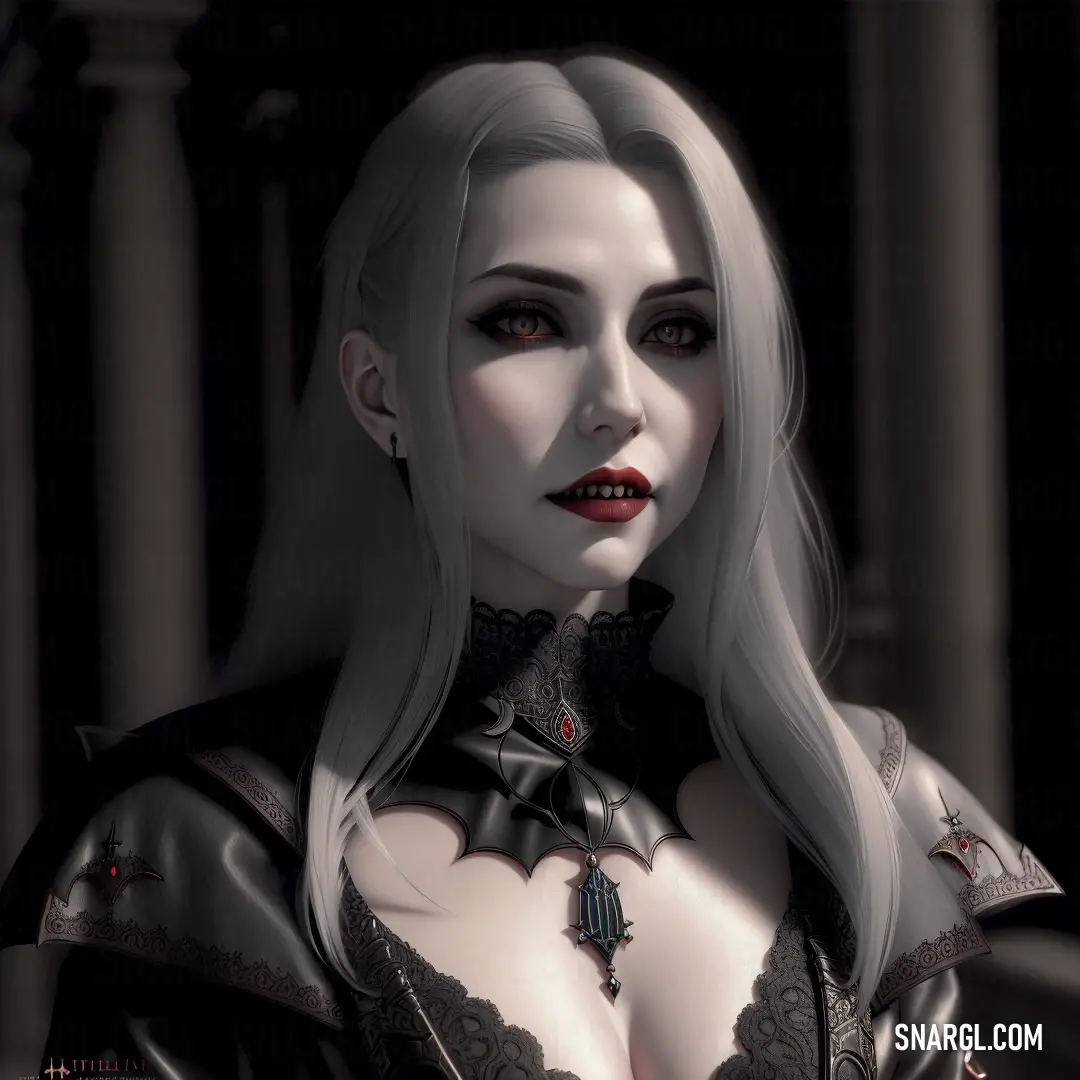 False vampire with white hair and a black dress with a gothic look on her face and chest