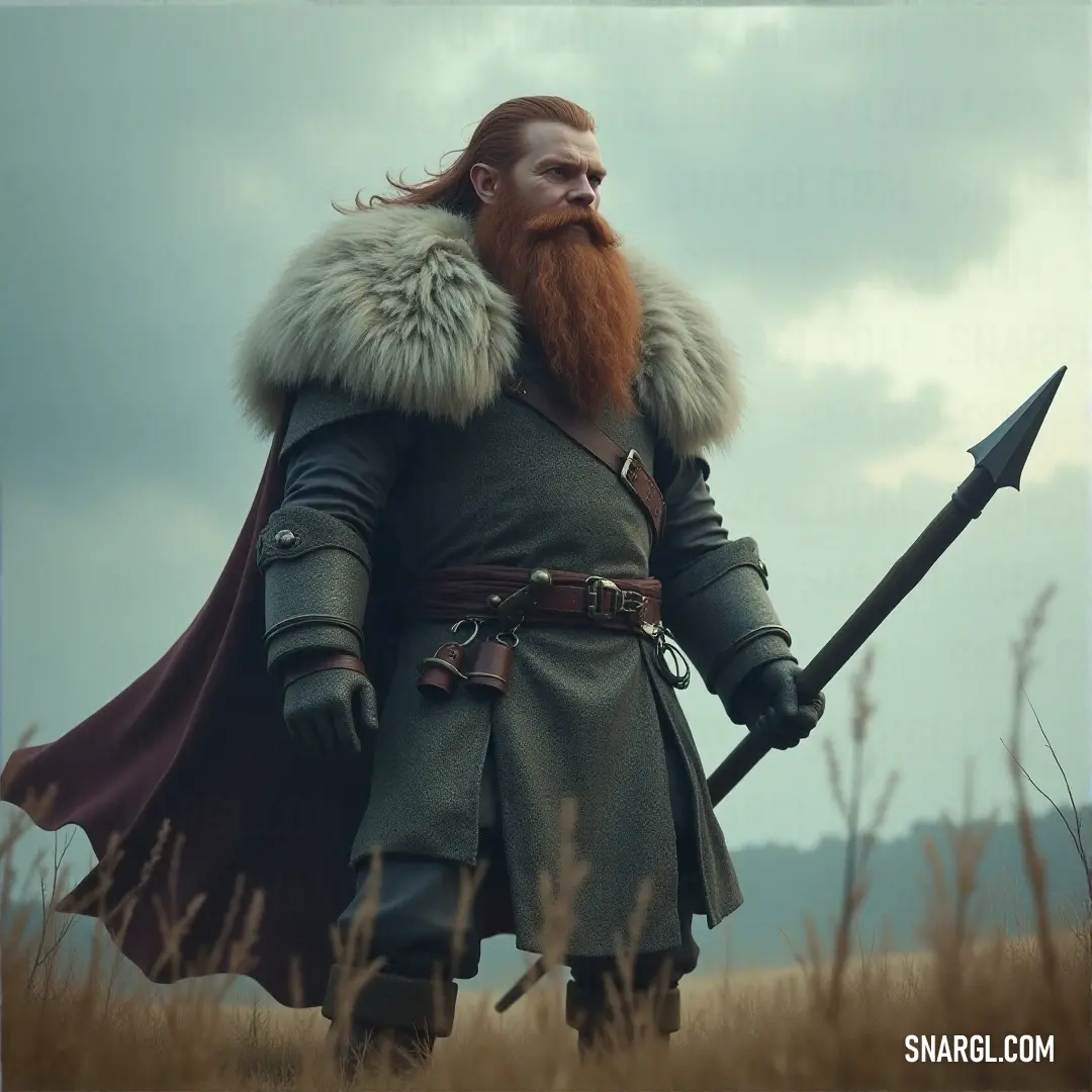 Falstad Wildhammer, with a red beard and fur collar, holds his sword firmly in a serene field, preparing for what lies ahead. Falstad Wildhammer, with a bold red beard and wearing a fur collar, stands confidently in a field, sword in hand. The wind catches his clothing, and his intense gaze suggests a readiness for any challenge, surrounded by the tranquility of the open landsca