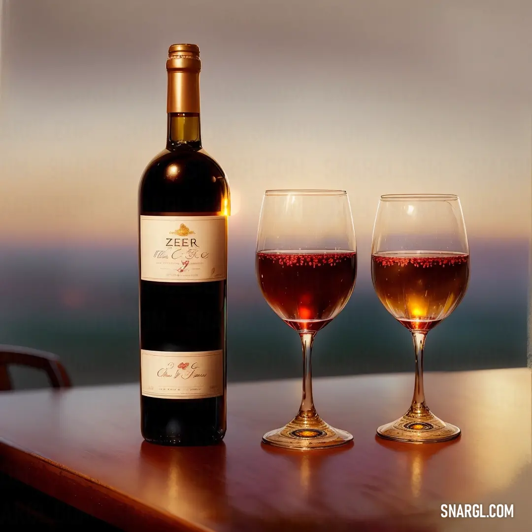 Bottle of wine and two glasses of wine on a table with a view of the ocean in the background. Example of RGB 128,24,24 color.