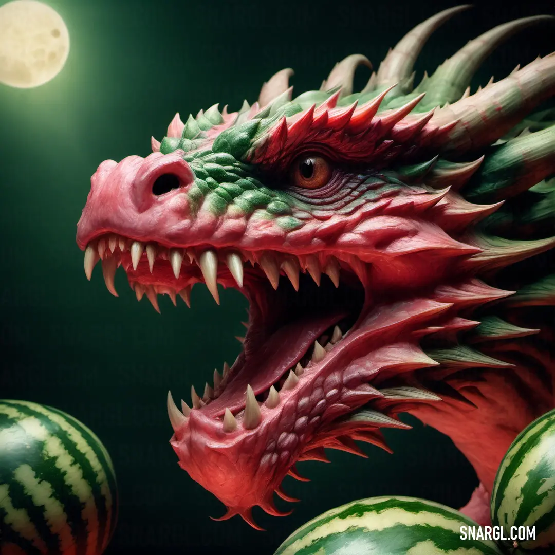 Dragon statue with watermelon balls around it's neck and mouth