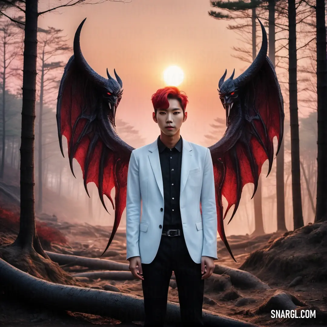 Man with red hair and wings standing in a forest at sunset with a red dragon wings on his back. Color #801818.